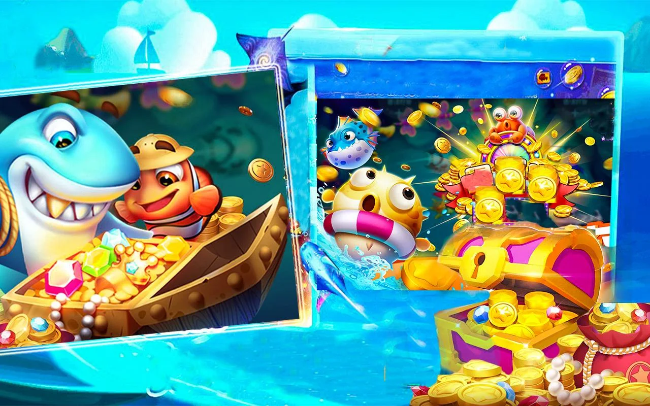ฉากเกมยิงปลาพร้อมฝูงปลาและปืนใหญ่